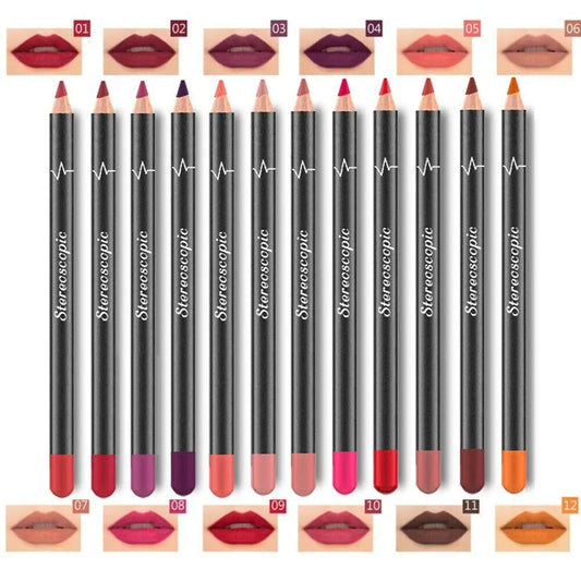 12 Pcs Women Waterproof Lipstick Long Lasting Matte Lip Liner Pencil Lip Pen Set