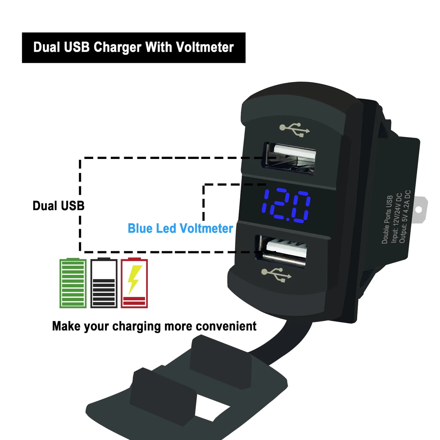 12V Dual USB Charger Socket LED Voltage Voltmeter Rocker Switch Panel Car Boat